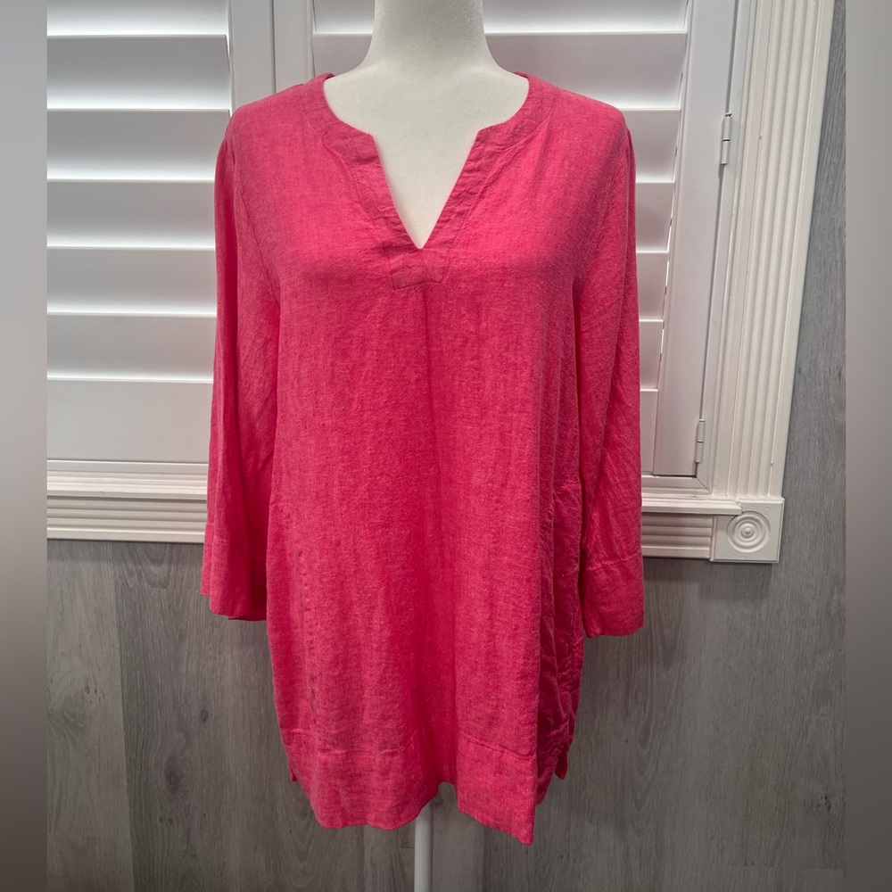 Lands End Linen Blend Pink Tunic Top Split-Neck Womens M 3/4 Sleeve Lightweight